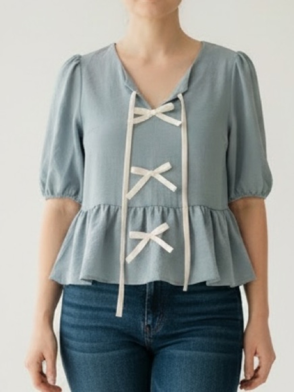 Light Blue Peplum Tie-Front Women's Top